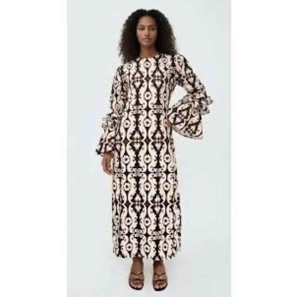 The Lulo Project Size S Makeda Ruffled Maxi Dress Brown Cream Damask Paisley NWT